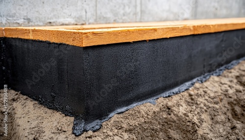 Exposed house foundation with a black waterproofing membrane applied, showcasing protection against moisture and water damage photo