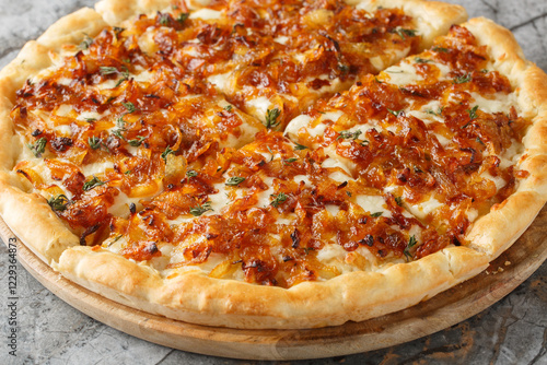French onion pizza is basically a portable version of French onion soup, complete with both Gruyere and mozzarella cheese closeup on the wooden board on the table. Horizontal
