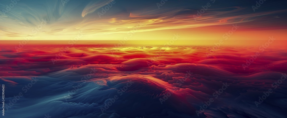 An abstract depiction of a vibrant sunset over an ocean with dramatic clouds in red, orange, and blue hues, AI generated An abstract depiction of a vibrant sunset over an ocean with dramatic clouds in red, orange, and blue hues, AI generated