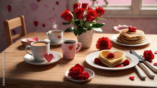 Wallpaper Mural Romantic Valentine's Day Breakfast: Red Roses, Heart-Shaped Pancakes, and Coffee on Wooden Table Torontodigital.ca