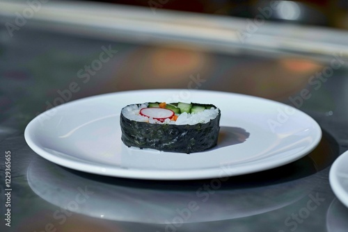 A piece of sushi with rice and cucumber wrapped in seaweed on a plain white plate, AI generated photo