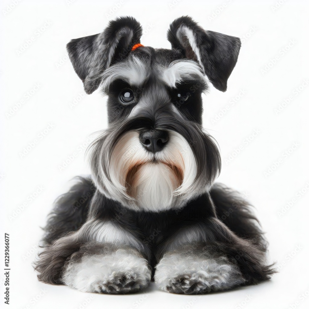 A charming schnauzer puppy lies gracefully, showcasing its distinctive black and white coat. With bright eyes and a playful demeanor, it radiates warmth and friendliness in a clean setting A charming schnauzer puppy lies gracefully, showcasing its distinctive black and white coat. With bright eyes and a playful demeanor, it radiates warmth and friendliness in a clean setting