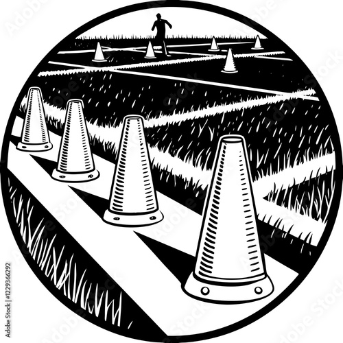 Set of cones on a football practice field, black and white illustration, training concept