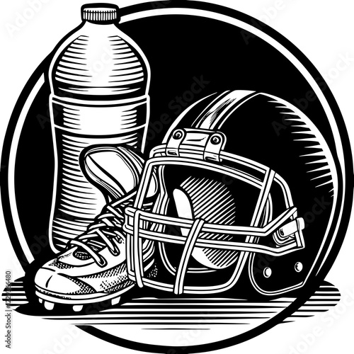 Gatorade bottle next to football equipment, black and white illustration, hydration concept