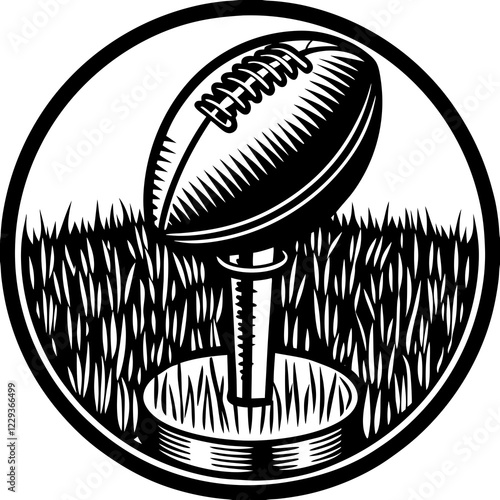 Football on a kicking tee on a grass field, black and white illustration, scoring concept