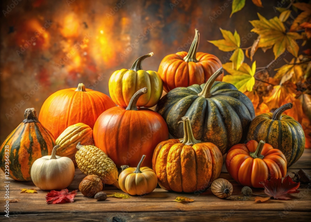 Golden hour illuminates a pumpkin patch; rule of thirds composition captures autumn's bounty. Golden hour illuminates a pumpkin patch; rule of thirds composition captures autumn's bounty.