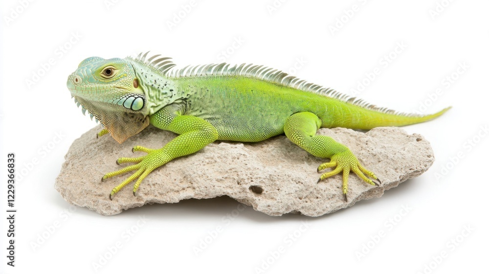 Fototapeta premium Green Iguana Basking on Rock Under Warm Sunlight in Tropical Habitat