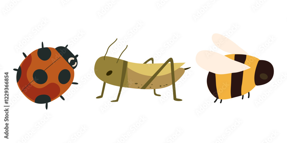Obraz premium Spring cute insects. Vector Ladybug, jumping grasshopper, bumblebee. Colorful insects sticker 