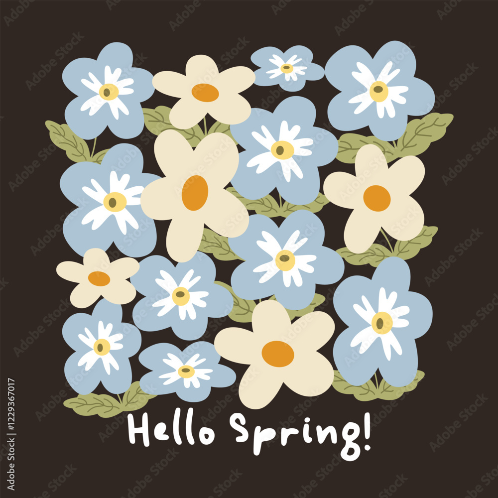 Hello Spring vector greeting card. Hand-drawn banner for decoration Spring events, Mother's Day, Easter. Beautiful Spring illustration with abstract flowers