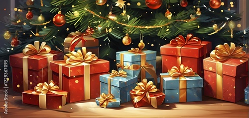 Abstract illustration of wrapped Christmas gifts, shiny ribbons and bows, stacked under a evergreen tree in a cozy living room, AI generated