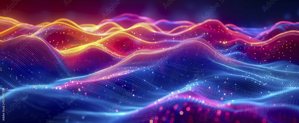 Futuristic abstract image of neon-colored waves with dots in a digital art style, AI generated Futuristic abstract image of neon-colored waves with dots in a digital art style, AI generated