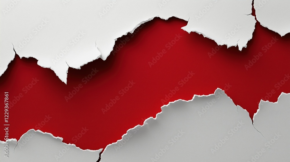 White torn paper revealing bold red background beneath White torn paper revealing bold red background beneath