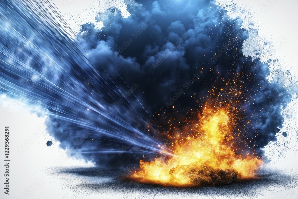 Obraz premium A bright orange explosion with blue smoke and light streaks against a contrasting background, AI generated