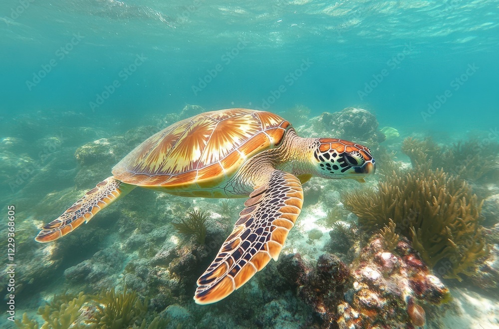Obraz premium Graceful Sea Turtle Gliding Through Clear Tropical Waters Surrounded By Vibrant Coral Reefs and Underwater Vegetation in a Stunning Marine Habitat