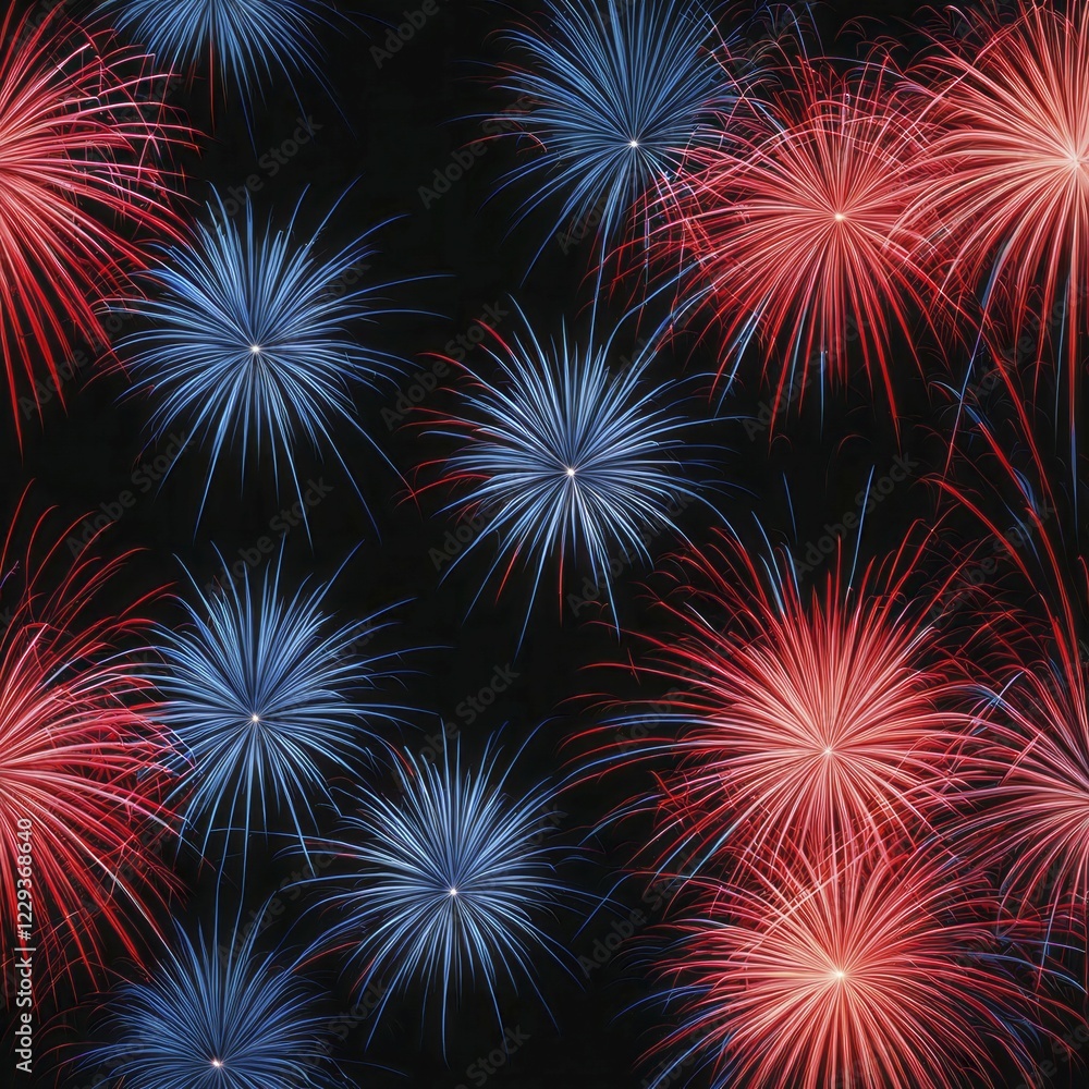 Fototapeta premium Explosive red and blue fireworks illuminate the night sky in a festive celebration, AI generated