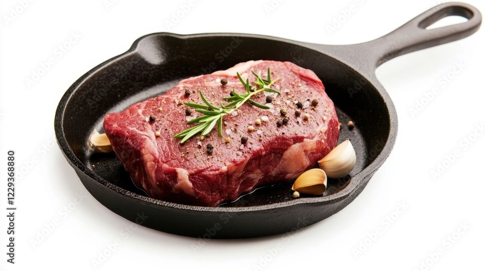 Raw Beef Steak on a Cast Iron Pan with Seasoning and Herbs Raw Beef Steak on a Cast Iron Pan with Seasoning and Herbs