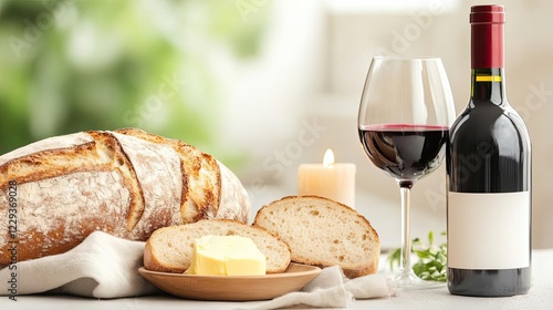 Red wine, bread, and butter still life