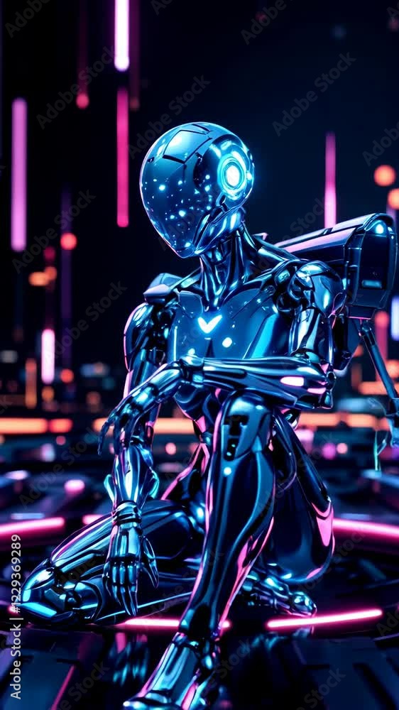 Futuristic Robotic Figure in Neon-Infused Digital Landscape, Symbolizing Technology and Innovation Futuristic Robotic Figure in Neon-Infused Digital Landscape, Symbolizing Technology and Innovation