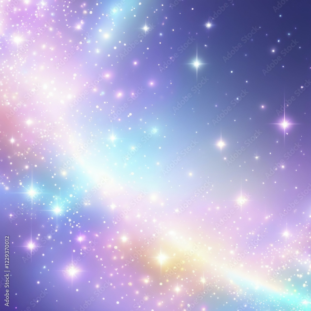 Bright and colorful image with a sparkling starry spiral against a dreamy gradient of purple, pink, and blue, AI generated