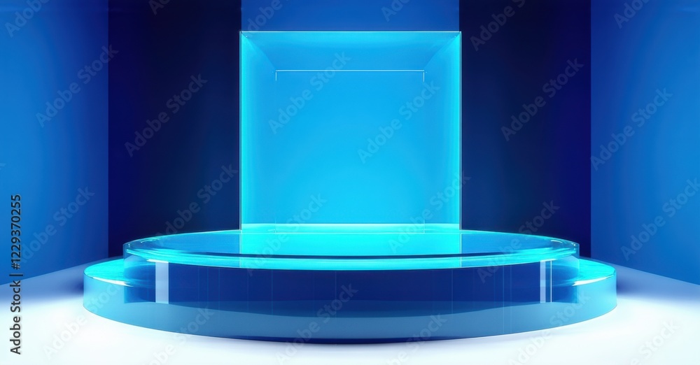 Futuristic showroom with reflective blue glass podium bathed in soft light. Minimalist geometric space with high-contrast shadows, sleek surfaces, and architectural elegance Futuristic showroom with reflective blue glass podium bathed in soft light. Minimalist geometric space with high-contrast shadows, sleek surfaces, and architectural elegance