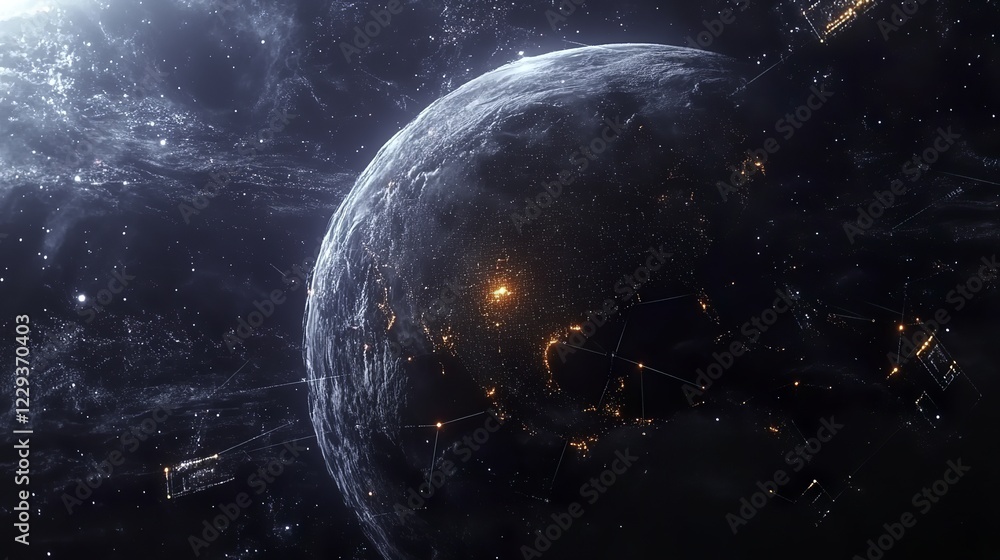 Fototapeta premium Futuristic Earth-centered network with glowing crypto nodes and IoT connections, symbolizing global digital connectivity.