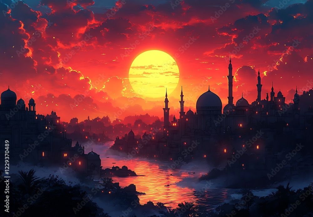 Obraz premium Fantasy Cityscape with Domed Buildings Against a Large Sunset and Crimso Lit Sky