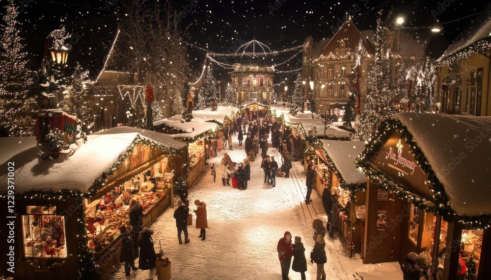 Obraz premium Festive Christmas Market Scene at Night, with Snow and Warm Lights
