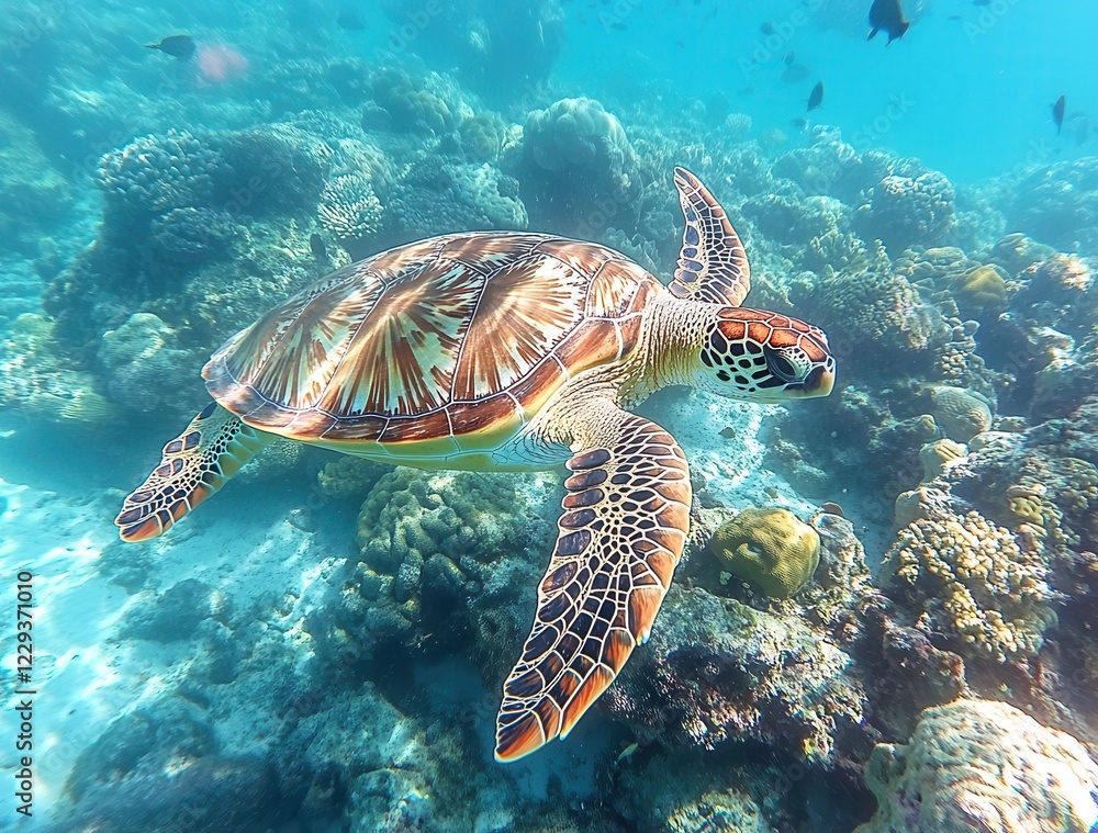 Graceful Sea Turtle Swimming Above Vibrant Coral Reef in Clear Tropical Water, Showcasing the Beauty of Marine Life and Underwater Ecosystem Graceful Sea Turtle Swimming Above Vibrant Coral Reef in Clear Tropical Water, Showcasing the Beauty of Marine Life and Underwater Ecosystem