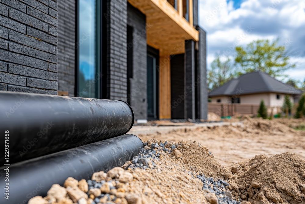 Construction scene with visible pipes and gravel, highlighting ongoing foundation and plumbing repairs for a modern residence Construction scene with visible pipes and gravel, highlighting ongoing foundation and plumbing repairs for a modern residence