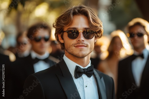 Stylish young man in sunglasses and tuxedo at a formal outdoor event surrounded by elegantly dressed guests during golden hour light photo