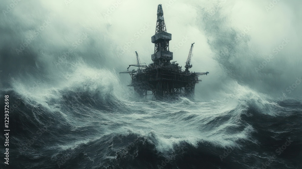 Offshore rig endures raging storm, powerful waves crash. Offshore rig endures raging storm, powerful waves crash.