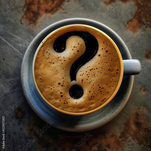 
A coffee cup with frothy foam features a dark question mark, symbolising curiosity and contemplation.