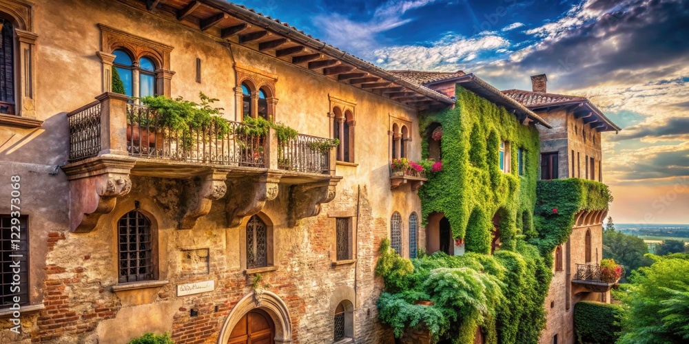 Obraz premium Capture Verona's romance: Juliet's balcony, panoramic views, Italian Renaissance architecture, historic charm.