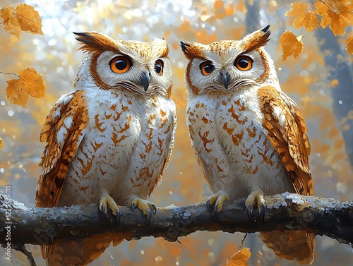 Impressive and visually stunning artwork of a pair of majestic horned owls perched on an ancient tree, with striking details and intense eyes, evoking the mystery and nocturnal allure of these  photo