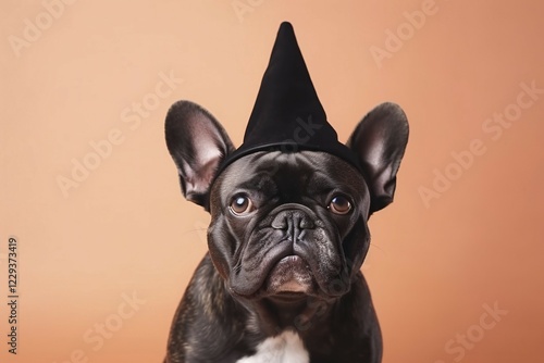 French Bulldog dog with with hat on orange background. AI generated photo