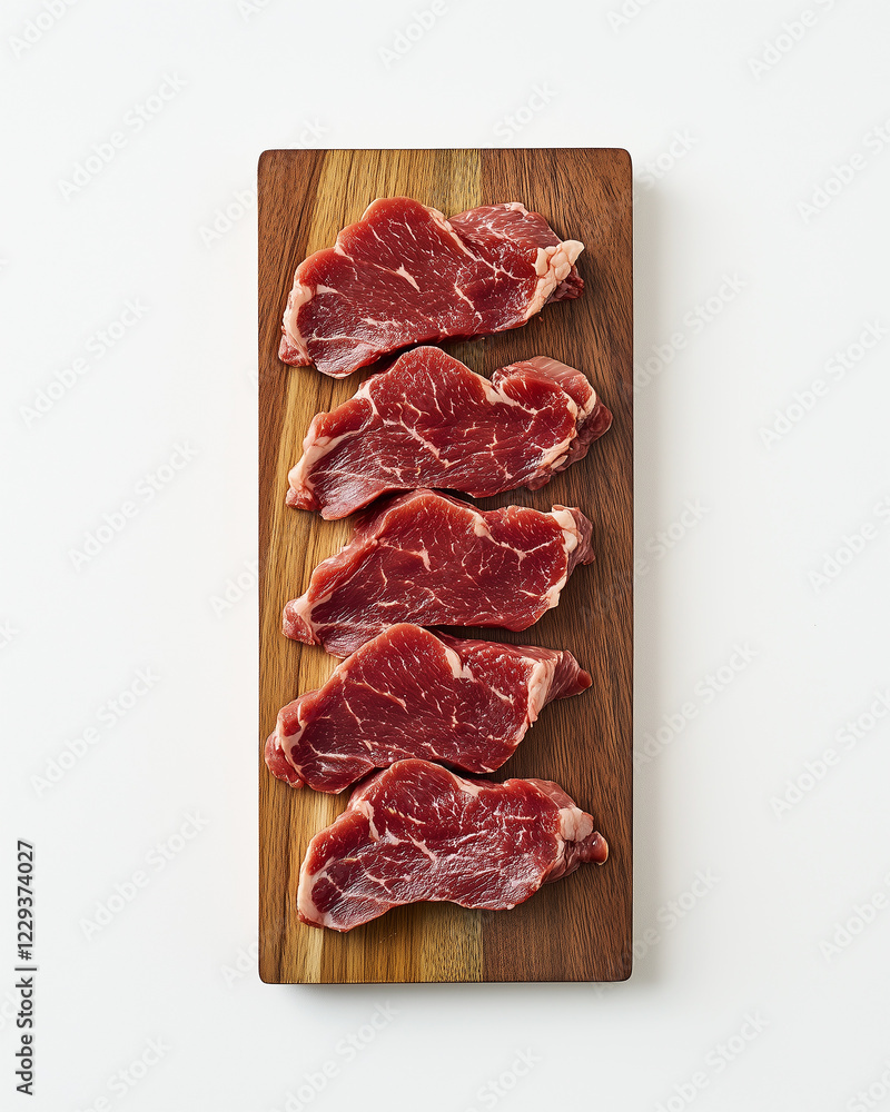 Five Perfectly Marbled Beef Cuts on an Artisanal Cutting Board Five Perfectly Marbled Beef Cuts on an Artisanal Cutting Board