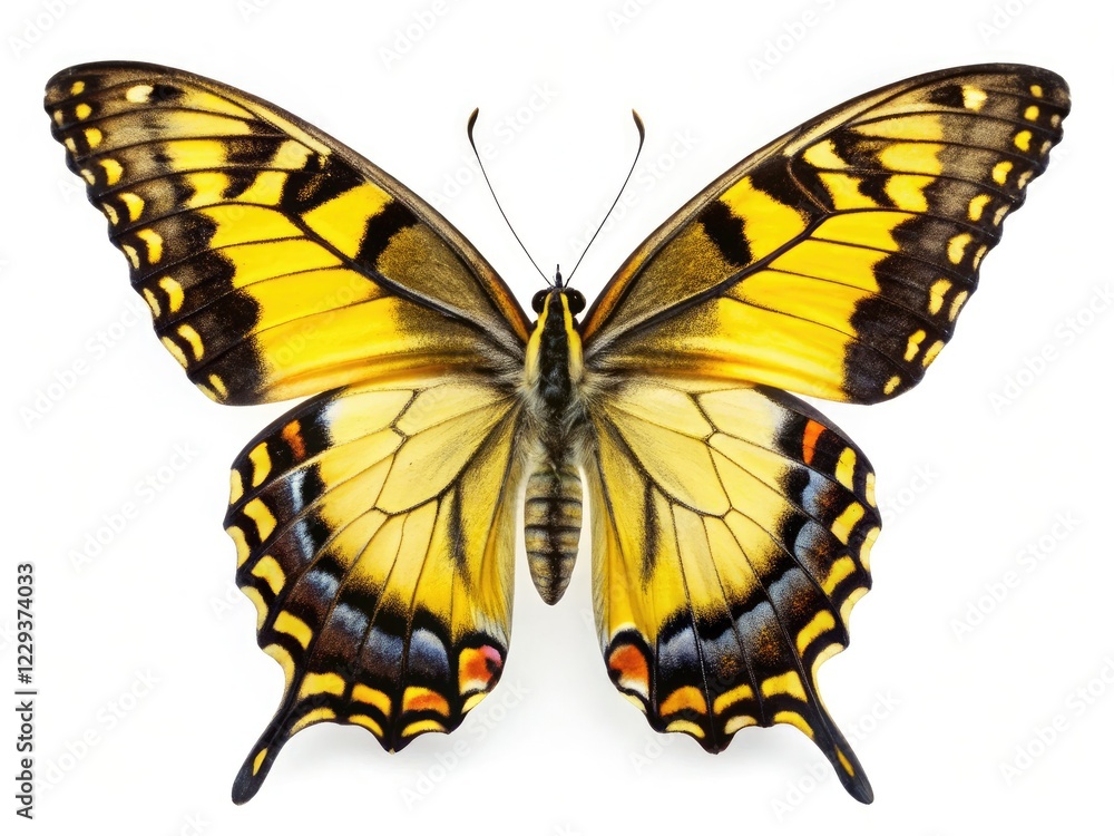 Isolated Eastern Tiger Swallowtail, vibrant yellow-black wings, macro night photography showcasing intricate details. Isolated Eastern Tiger Swallowtail, vibrant yellow-black wings, macro night photography showcasing intricate details.