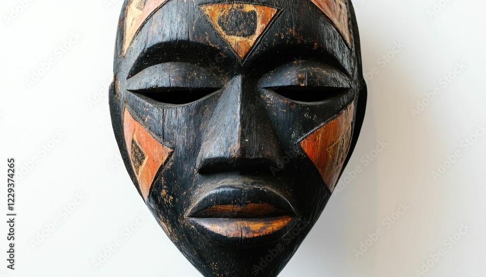 African Wooden Mask with Geometric Patterns on a white background displaying tradition African Wooden Mask with Geometric Patterns on a white background displaying tradition