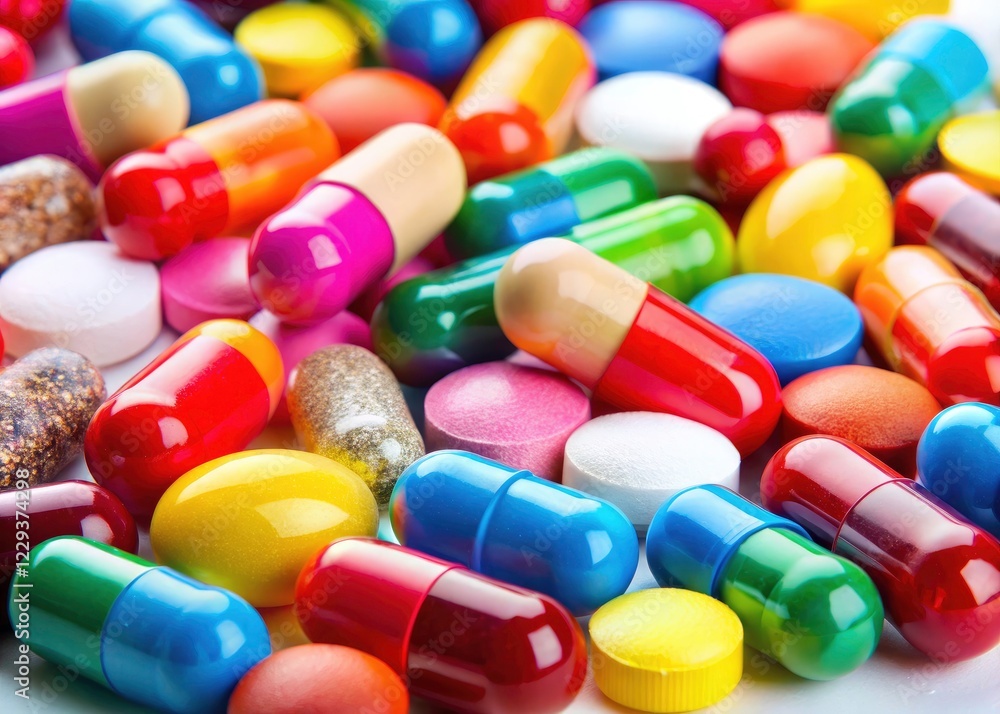 Close-up macro reveals intricate pill surfaces, stark white background, emphasizing pharmaceutical detail. Close-up macro reveals intricate pill surfaces, stark white background, emphasizing pharmaceutical detail.