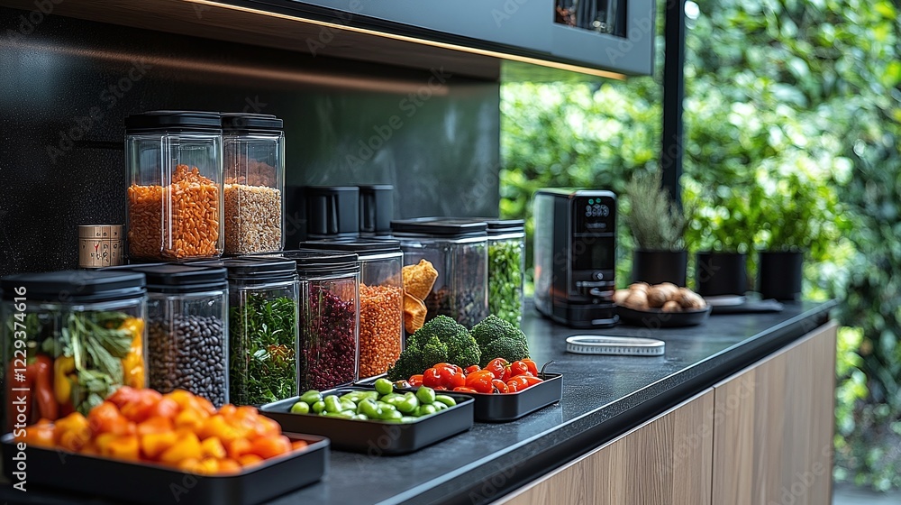 Sleek modern kitchen with meal prep containers a fitness tracker and a measuring tape arranged beside healthy snacks representing the balance of diet and fitness in weight control Sleek modern kitchen with meal prep containers a fitness tracker and a measuring tape arranged beside healthy snacks representing the balance of diet and fitness in weight control