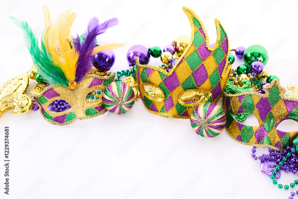 Festive Mardi Gras Masks. Colorful Mardi Gras masks with beads Festive Mardi Gras Masks. Colorful Mardi Gras masks with beads