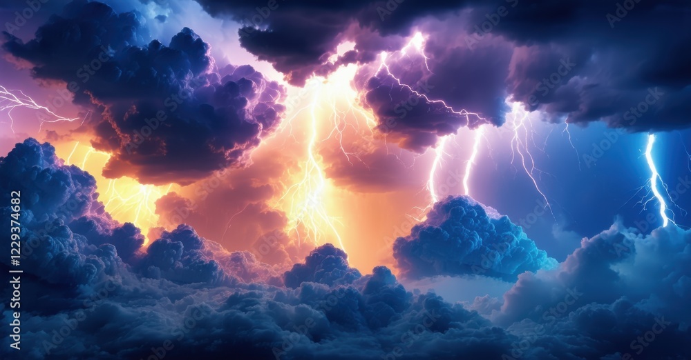 Fototapeta premium Thunderstorm erupts with electric fury as lightning streaks through dark clouds. Fiery orange and deep blue flashes illuminate the storm, highlighting its immense power and chaos