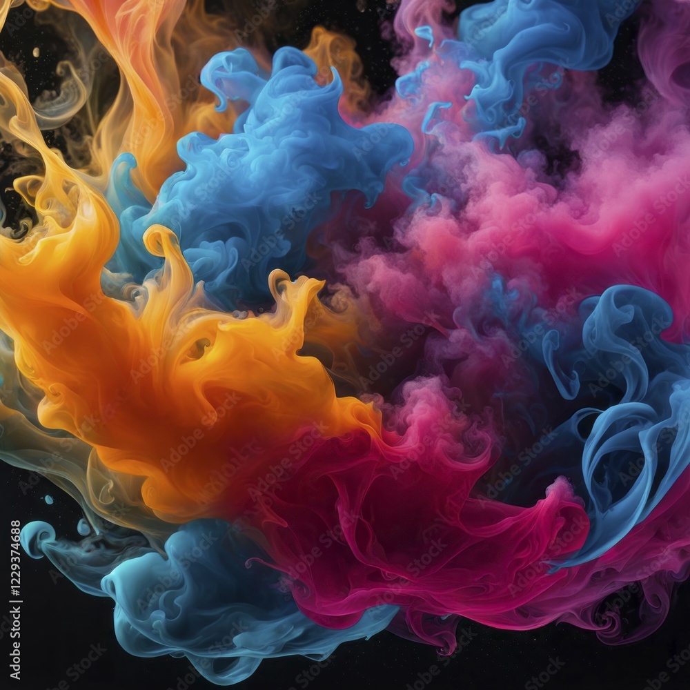 Obraz premium Vibrant colorful smoke clouds in pink, blue, and orange hues on a dark background, creating an abstract display, AI generated
