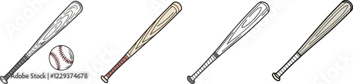 Detailed Baseball Bat Illustrations. Collection of Wooden Baseball Bat Graphics Representing Teams, Leagues, and Baseball Culture for Design Projects.