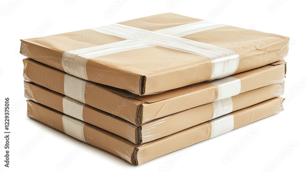 A stack of neatly packed parcels with shipping labels, ready for dispatch, isolated on white background