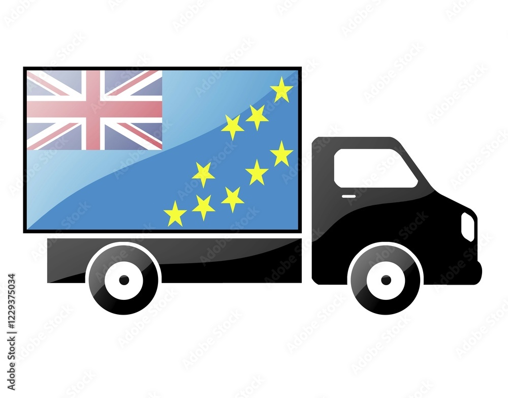 The Tuvalu flag painted on the silhouette of a truck. glossy illustration