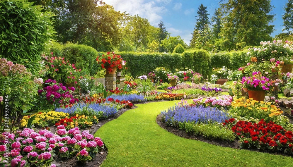 Obraz premium KI generated, A beautifully landscaped garden in bloom in summer