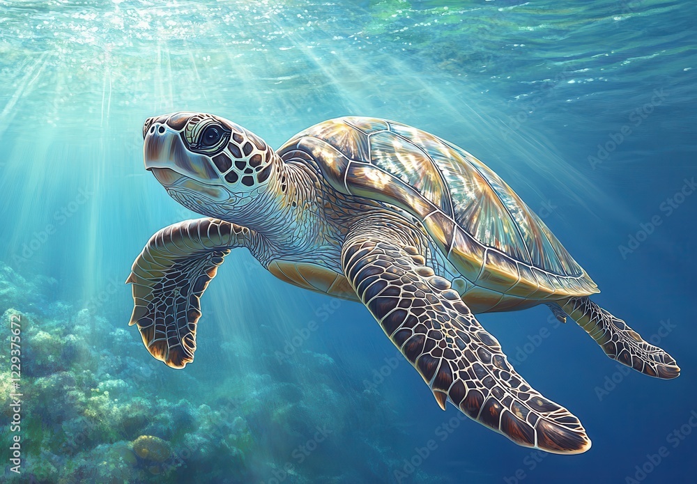 Fototapeta premium Graceful Sea Turtle Swimming Through Clear Ocean Waters with Sunlight Streaming Down and Vibrant Underwater Background, Perfect for Nature and Marine Life Projects