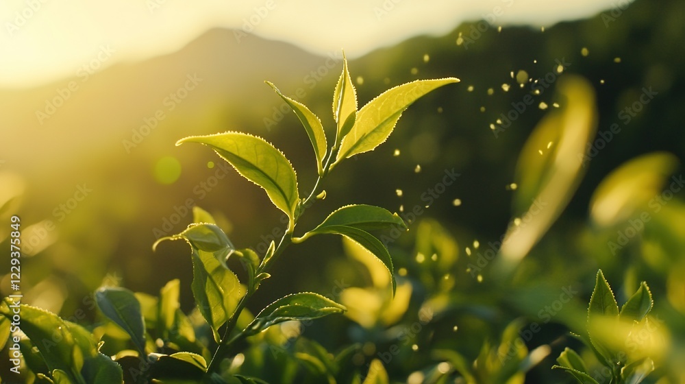 Obraz premium Green tea tree young tender shoots herbal Green tea tree on organic farm .Realistic background with green tea leaves Nature fresh effect with herbal leaves in the air.