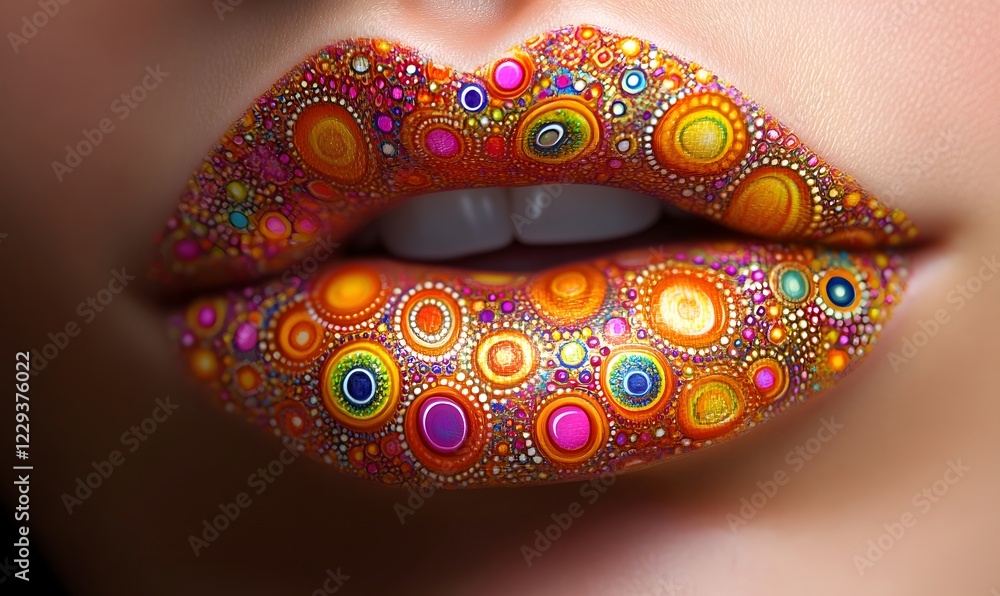 Fototapeta premium Colorful Mandala Lip Art; Close-up, Studio Shot; Abstract Background; Beauty Ad